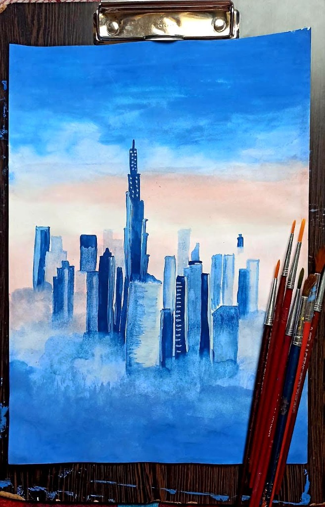 Blue cityscape painting